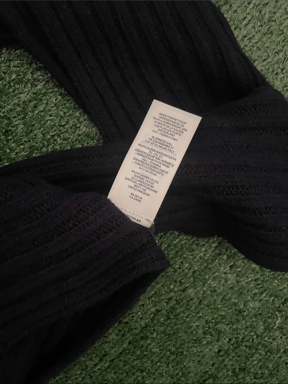 Ralph Lauren Navy Ribbed Knit Scarf with Red Polo Embroidery